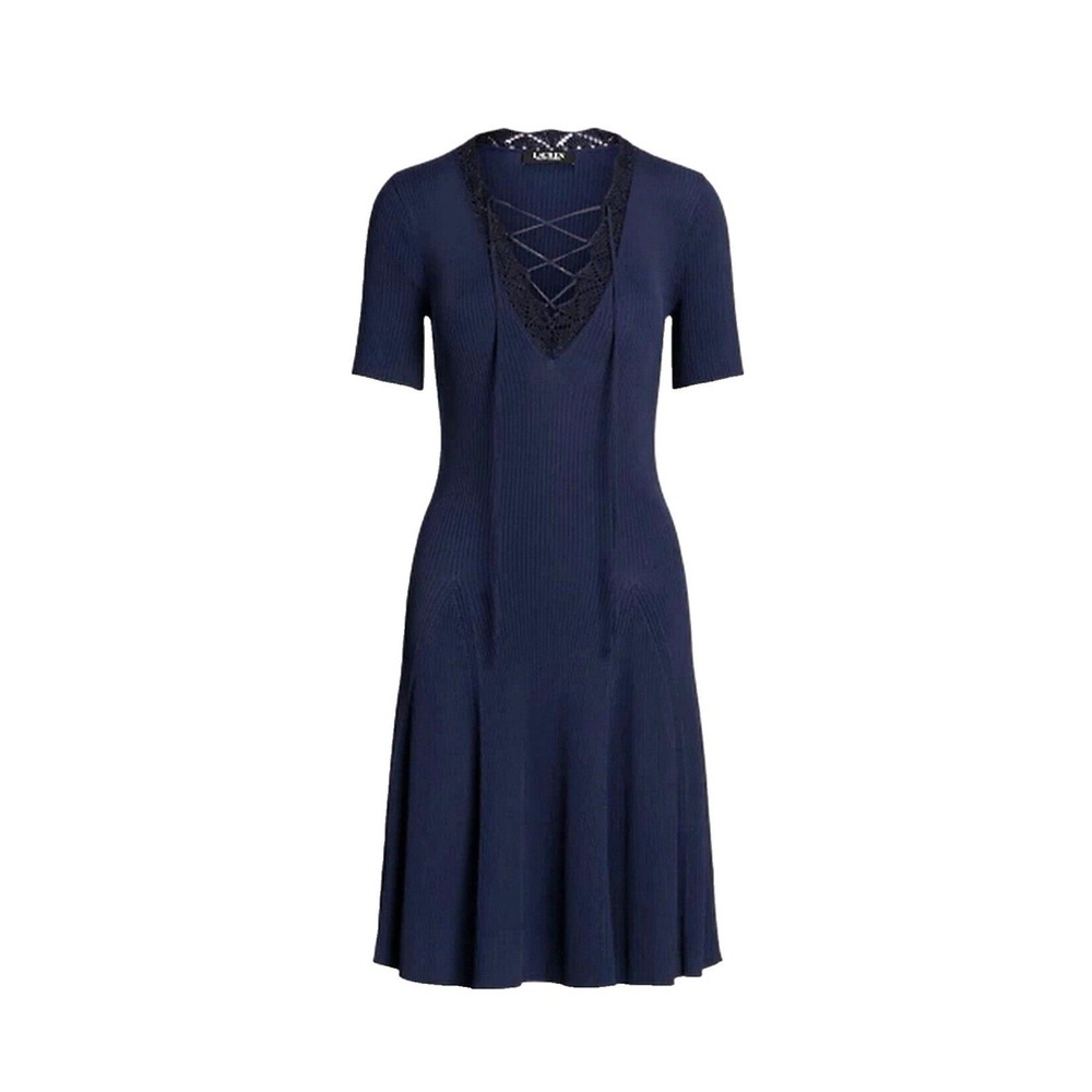 Lauren Ralph Lauren Women's‎ Lace-Trim Rib-Knit Dress Refined Navy Size L $225 - Picture 2 of 12